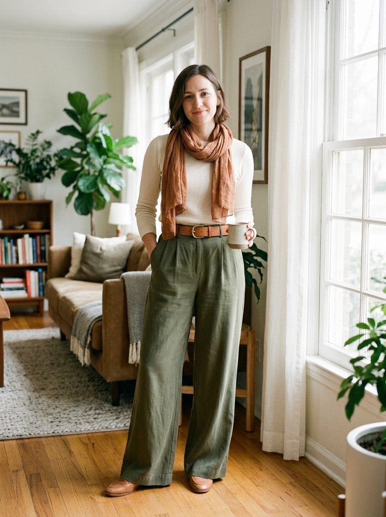 Woman wearing olive green wide-leg trousers with a cream knit top, tan belt, and rust scarf in a bright home interior