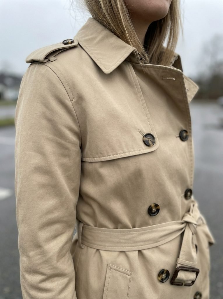 Close-up of a trench coat wearing woman showing the shoulder strap, storm flap, buttons, and belt
