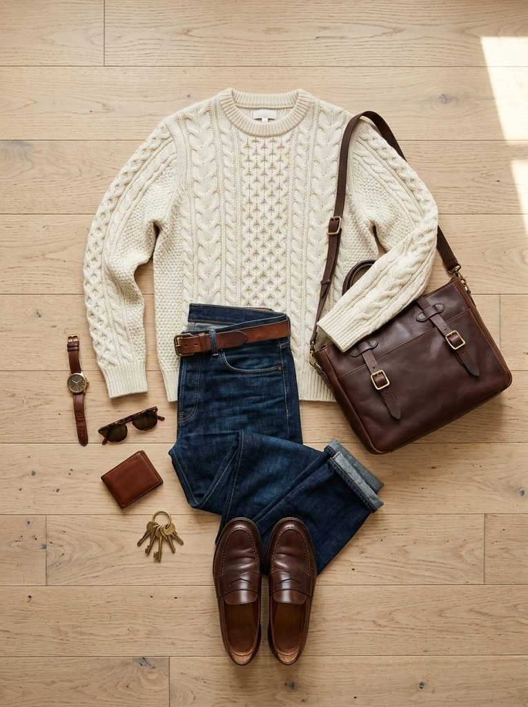 Dark jeans, cream knit, loafers, and leather bag laid out as a smart casual outfit