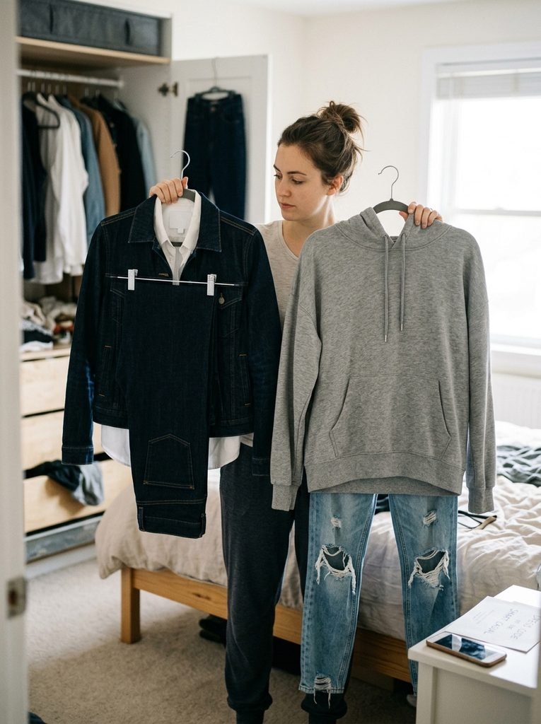 Woman choosing between a clean dark denim outfit and a hoodie with ripped jeans for a smart casual dress code