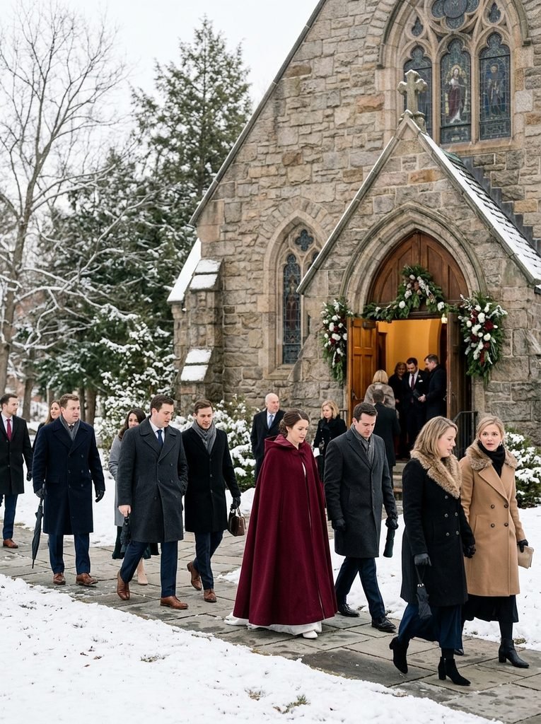 Winter wedding guests in long coats and a burgundy cape arriving at a stone church