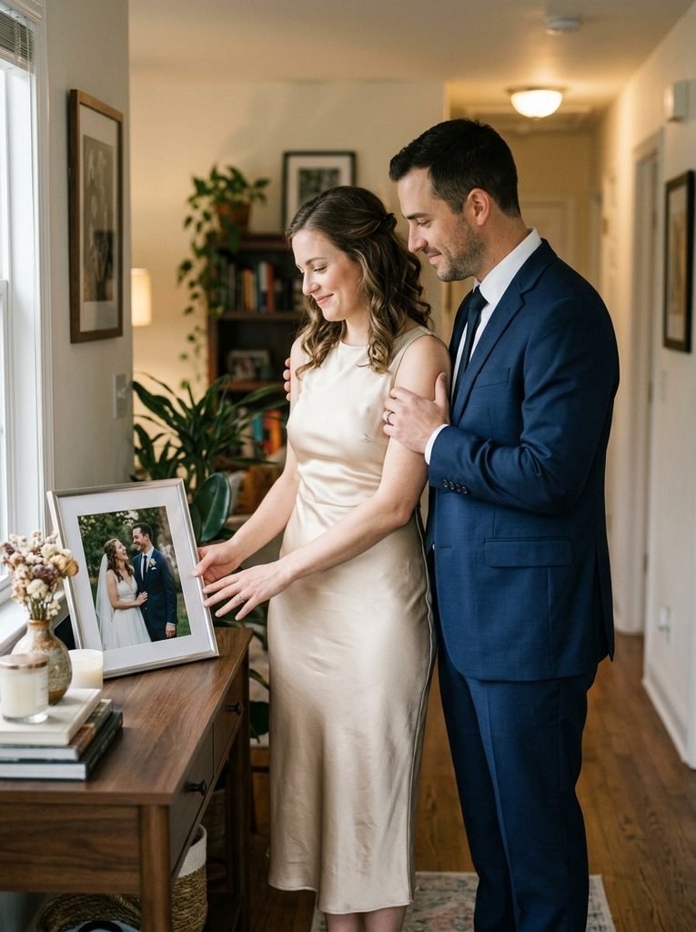 Couple in champagne dress and navy suit looking at a framed wedding photo at home