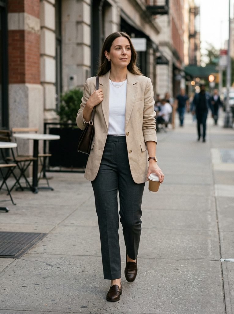 Sand-colored blazer with a white tee and straight trousers showing the classic beige blazer business casual outfit
