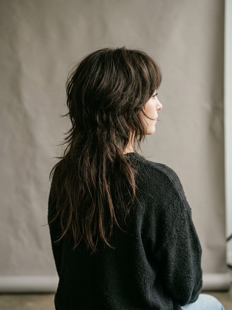 Back and side view of a wolf cut showing a voluminous crown and tapered wispy ends