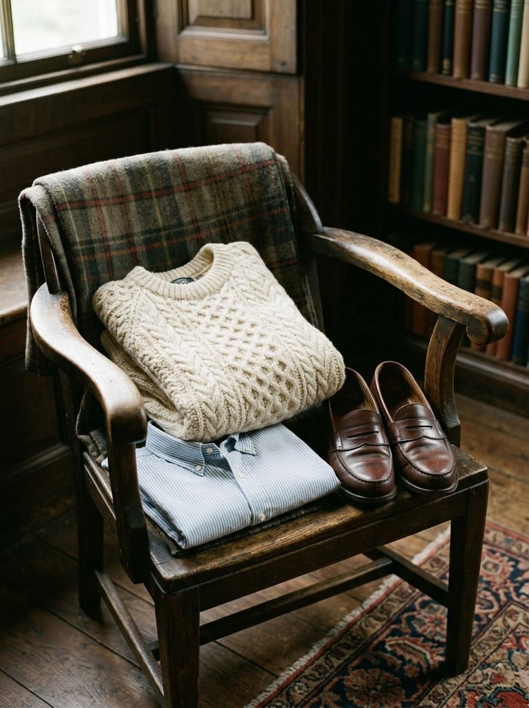Folded cable-knit sweater, striped Oxford shirt, and brown loafers on a wooden armchair showing old money style pieces
