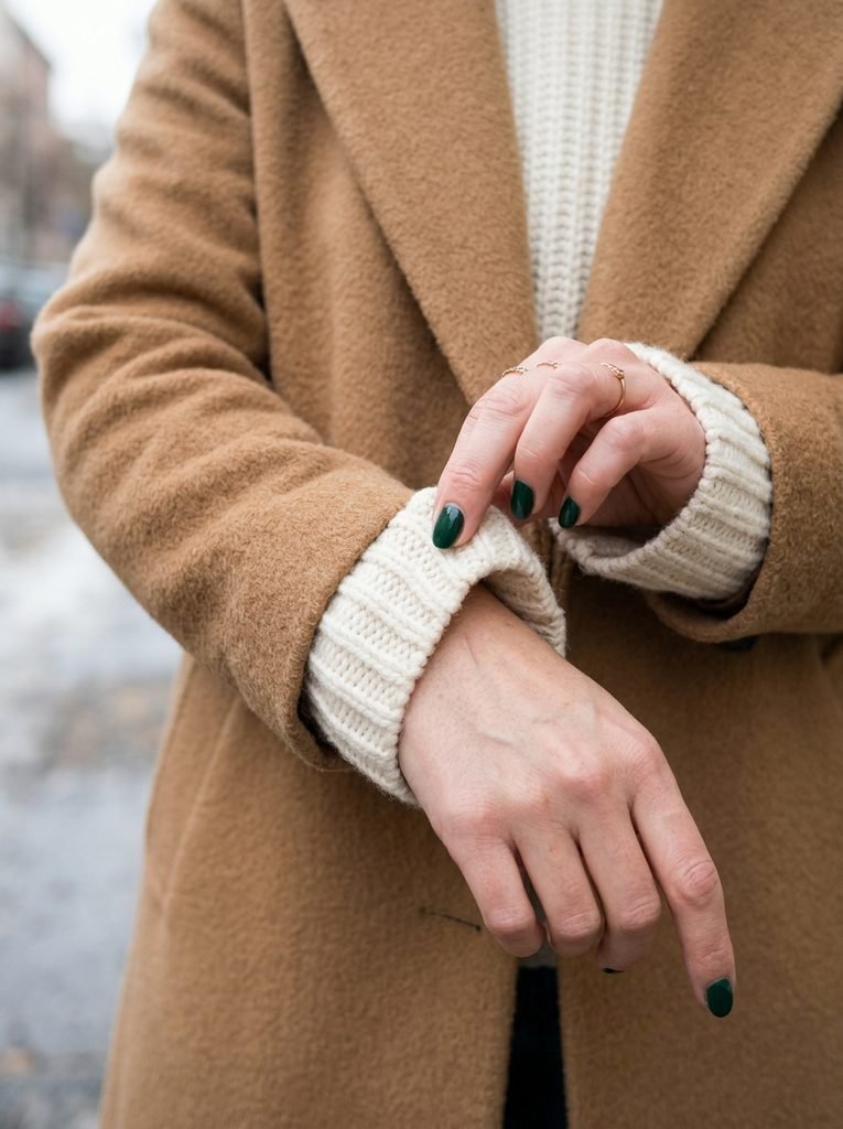 Hands with deep green nails adjusting a cream knit sweater cuff under a camel coat