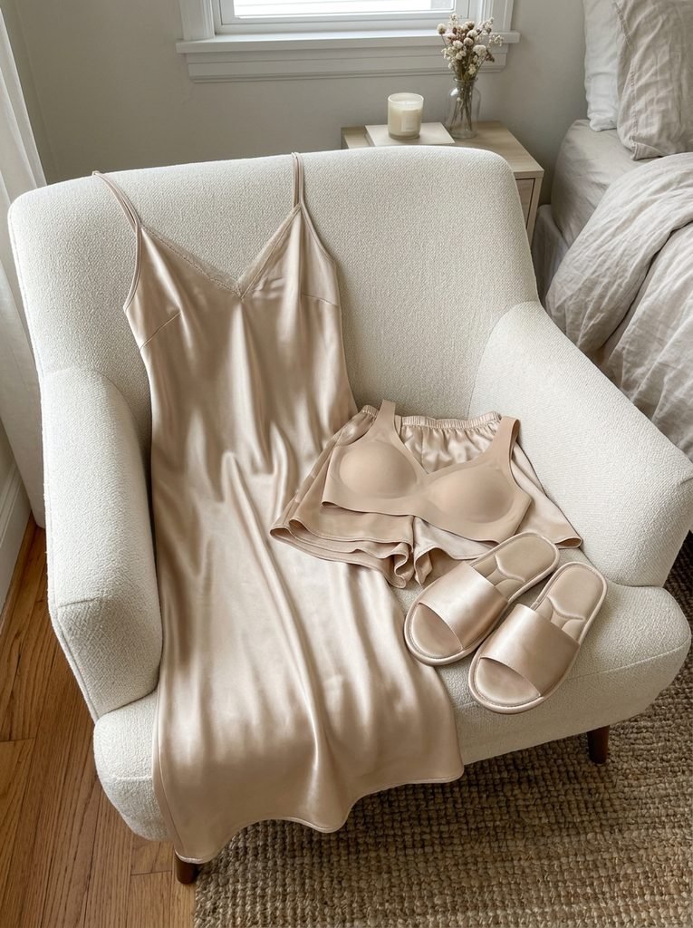 Champagne slip dress, seamless bralette, cami set, and satin slippers laid out on a cream chair