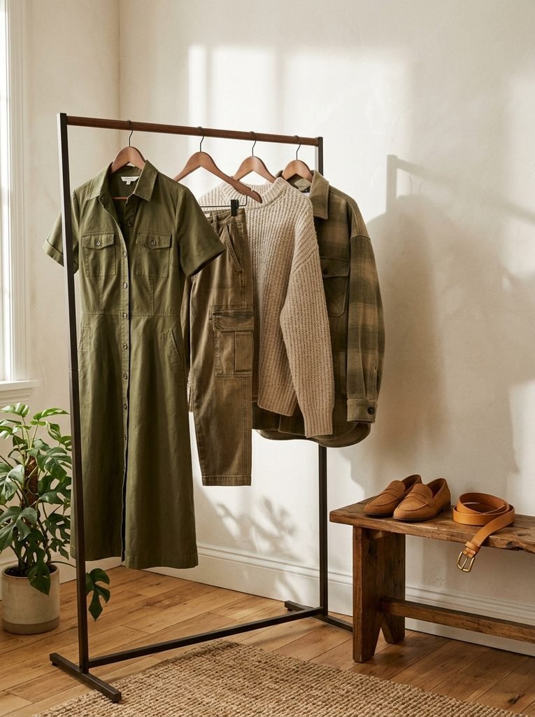 Olive green shirt dress, cargo trousers, sweater, and shacket hanging on a clothing rail beside tan belt and loafers