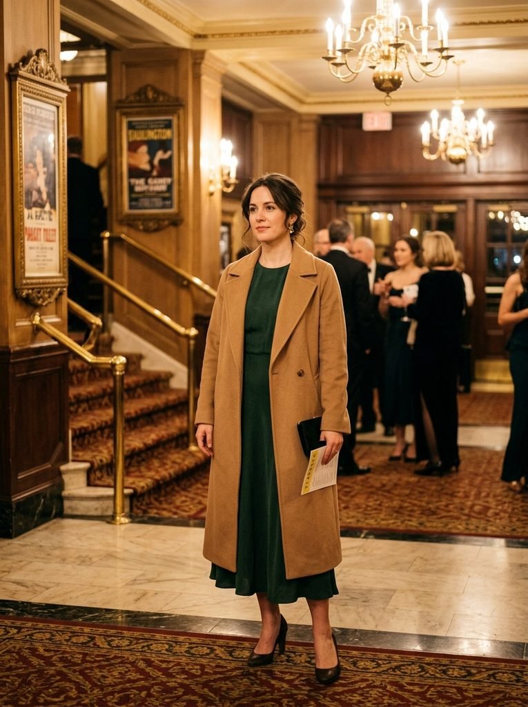 Woman in a deep green midi dress and camel coat standing in a warmly lit theatre foyer
