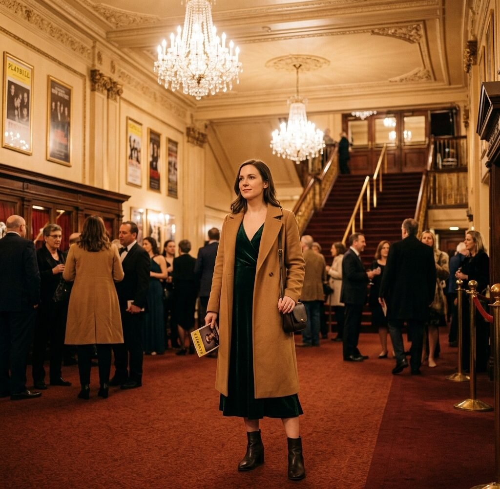 Woman in a deep green midi dress and camel coat standing in a warmly lit theatre foyer