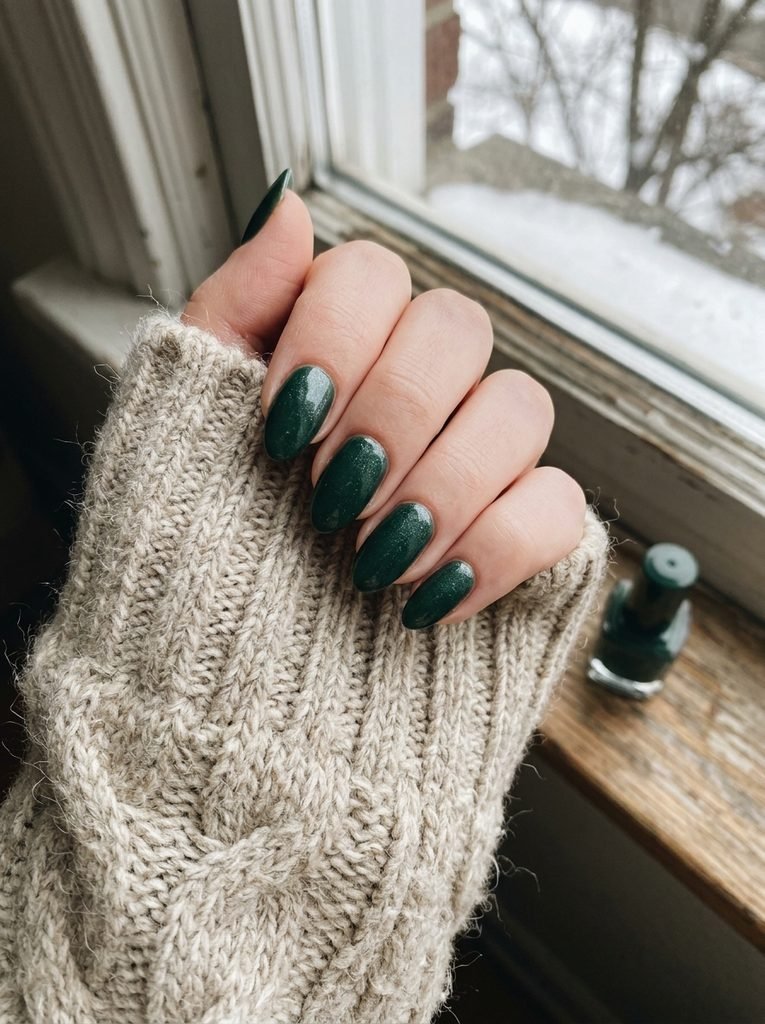 Testing a winter nail polish shade against a chunky knit sweater sleeve near a window