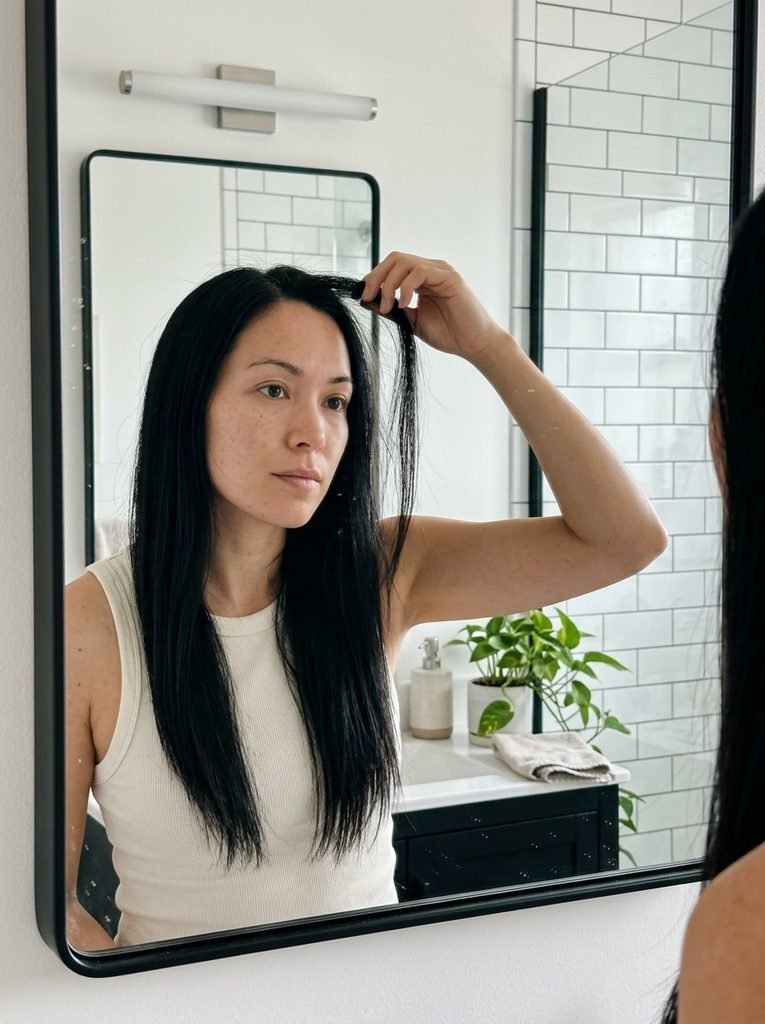 Woman with straight sleek hair considering a layered cut in a modern bathroom