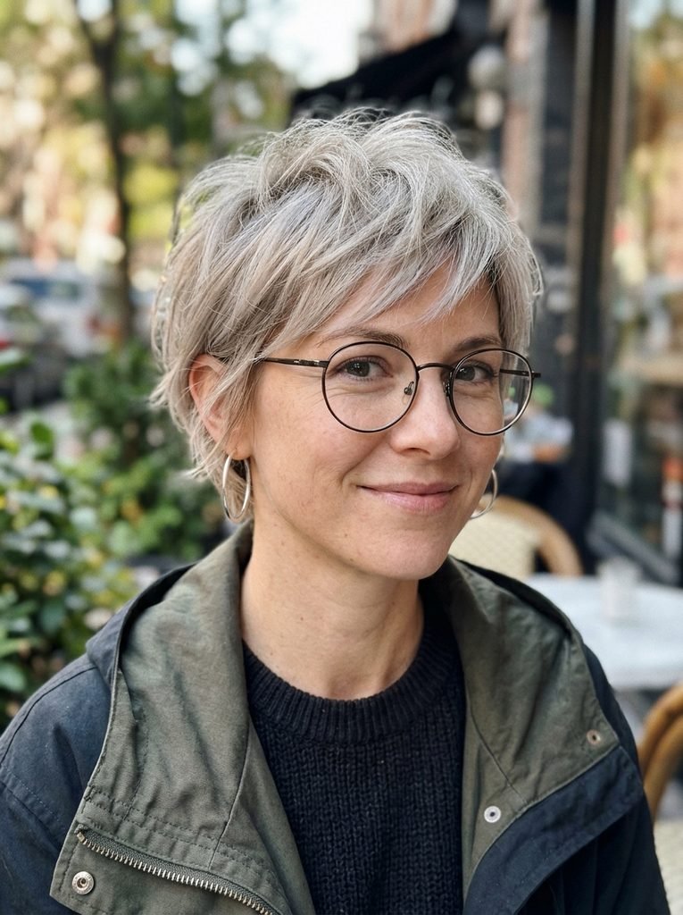 Fine light-ash bixie cut adding lift on top, worn with round glasses and hoop earrings