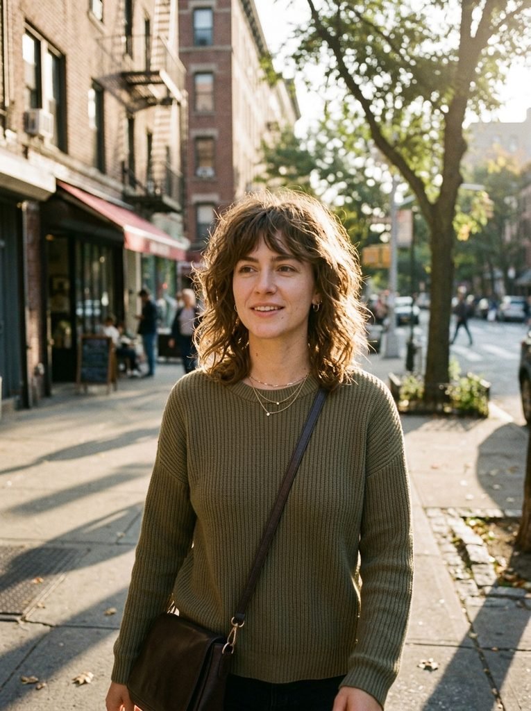 Woman with a wavy wolf cut and tousled texture walking along a sunlit street