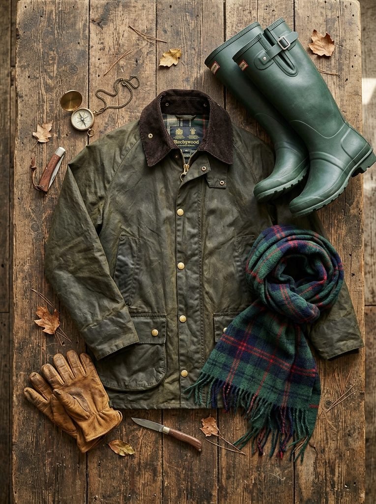 Flat lay of a waxed jacket, rubber boots, and wool scarf on a rustic wooden table