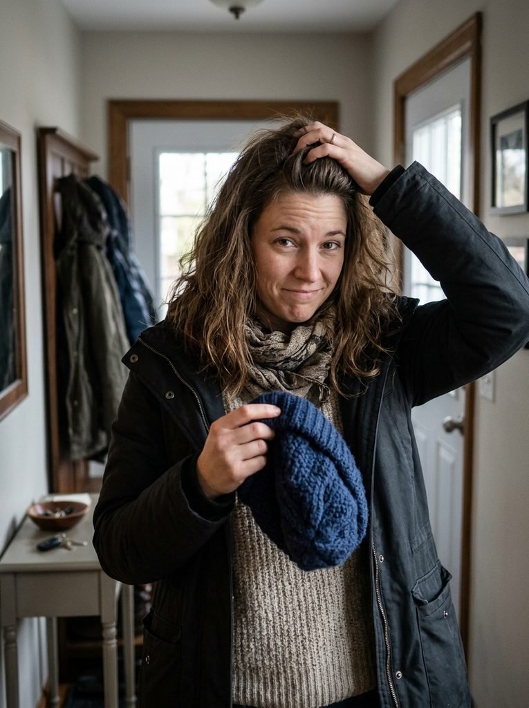 Woman holding a knit beanie and touching flattened hair at the crown after taking the hat off
