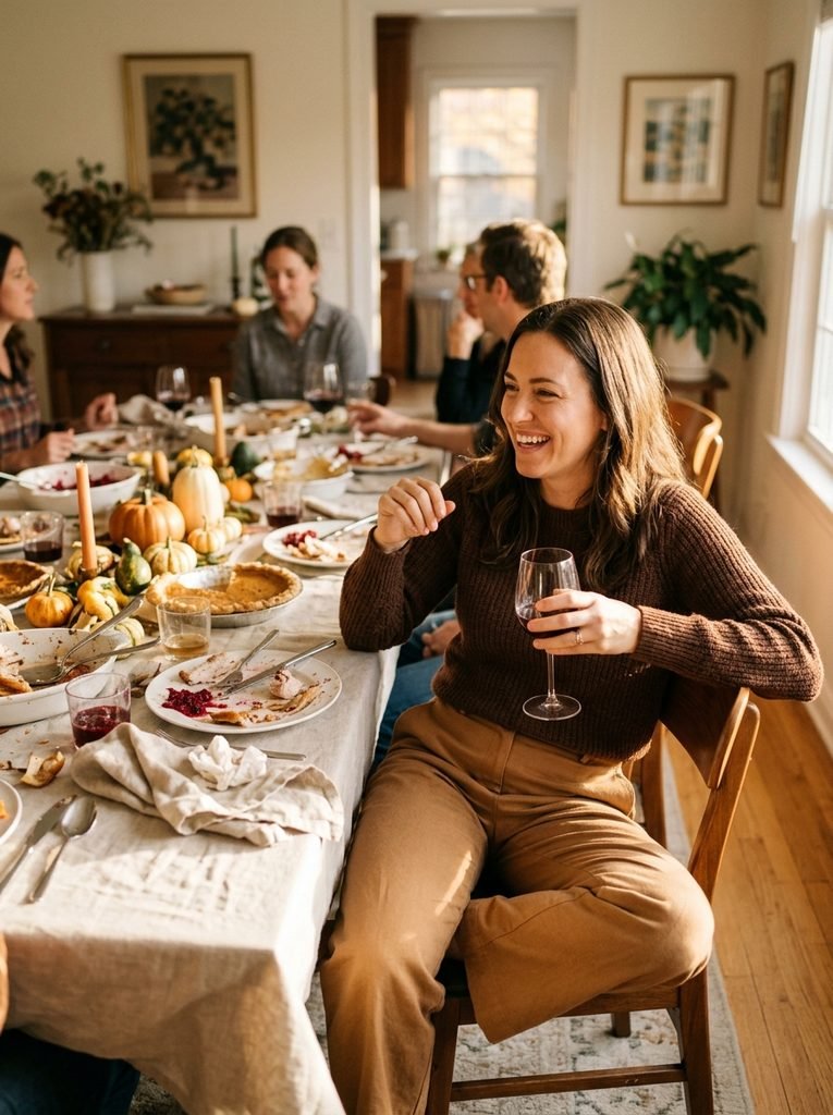 Woman in a chocolate knit top and camel trousers sitting comfortably at a Thanksgiving table late in the afternoon