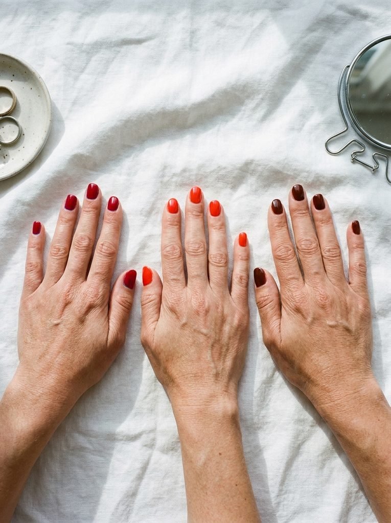 Three hands showing cherry, poppy and cherry cola red nail polish shades