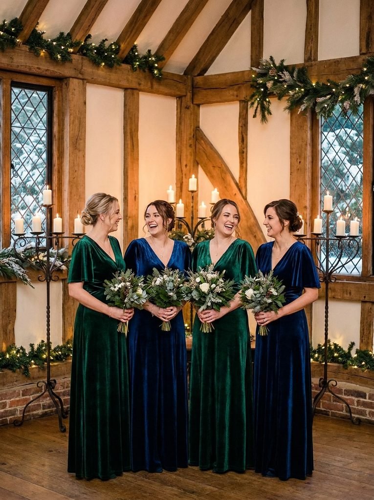  Bridesmaids in emerald and sapphire velvet dresses in a candlelit winter hall
