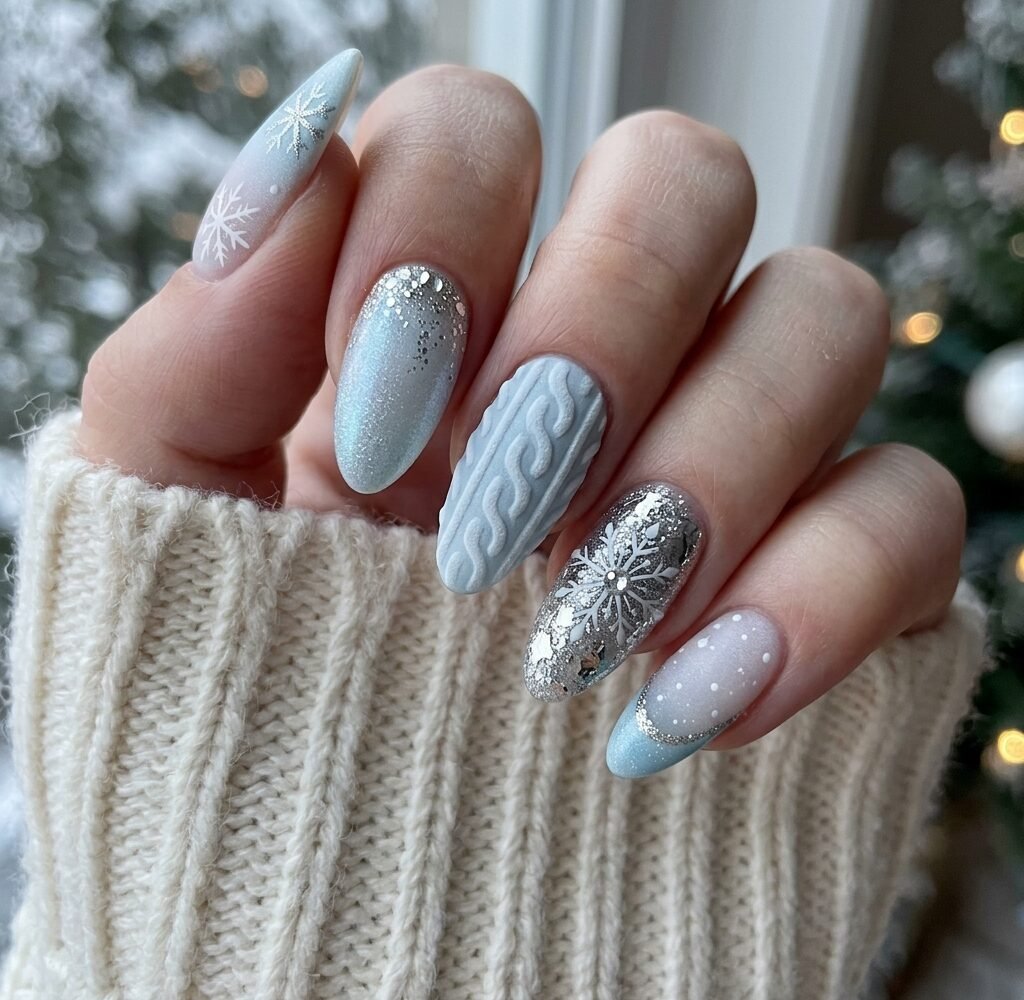 Winter Nail Art Ideas Icy Blue, Silver, and Frosted White Designs