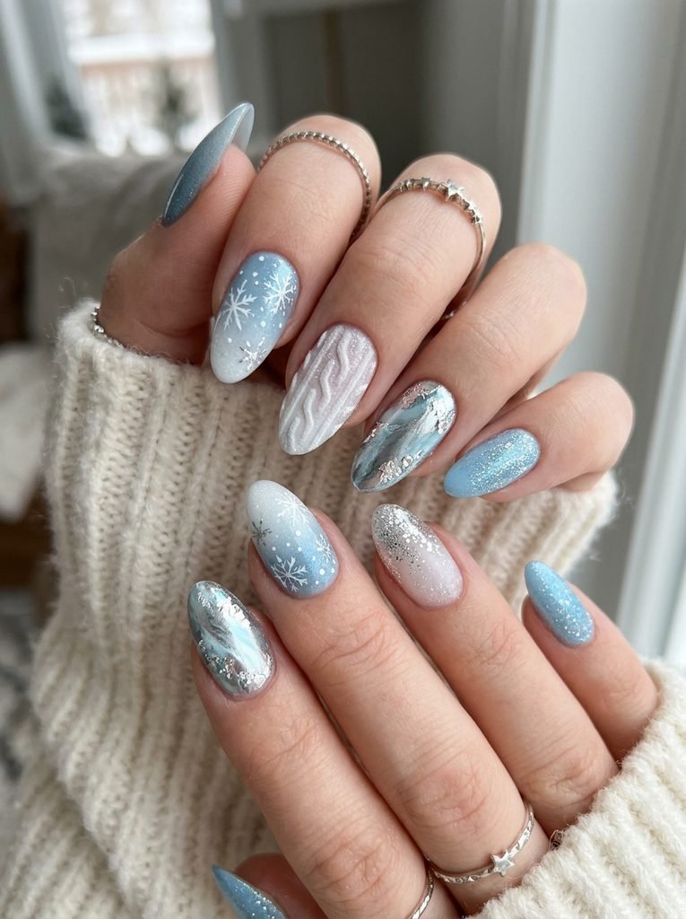 Winter Nail Art Ideas Icy Blue, Silver, and Frosted White Designs