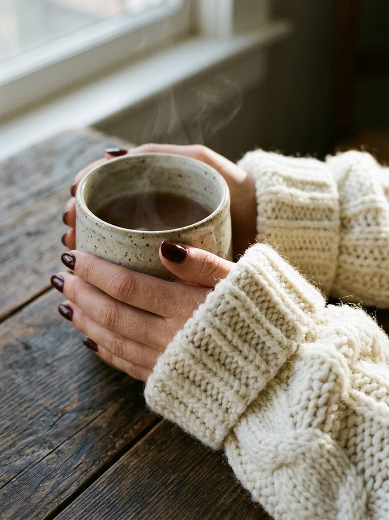 Hands in oxblood nail polish holding a mug beside a chunky cream knit sweater cuff