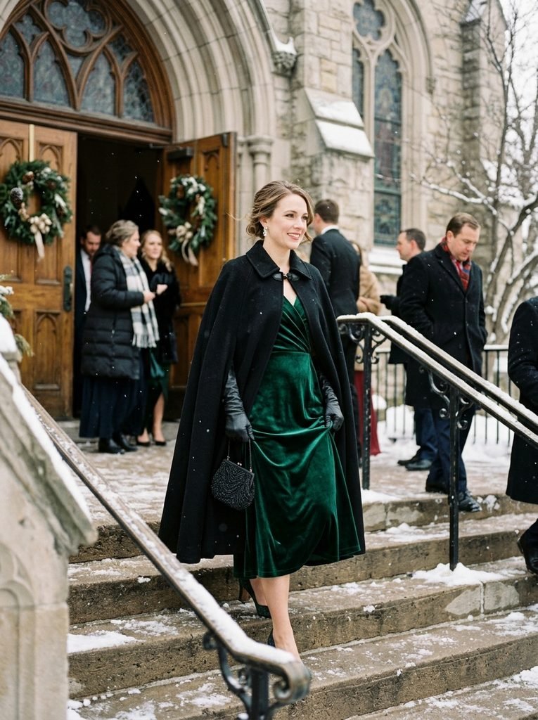 Wedding guest in an emerald velvet dress and black wool cape on church steps in winter