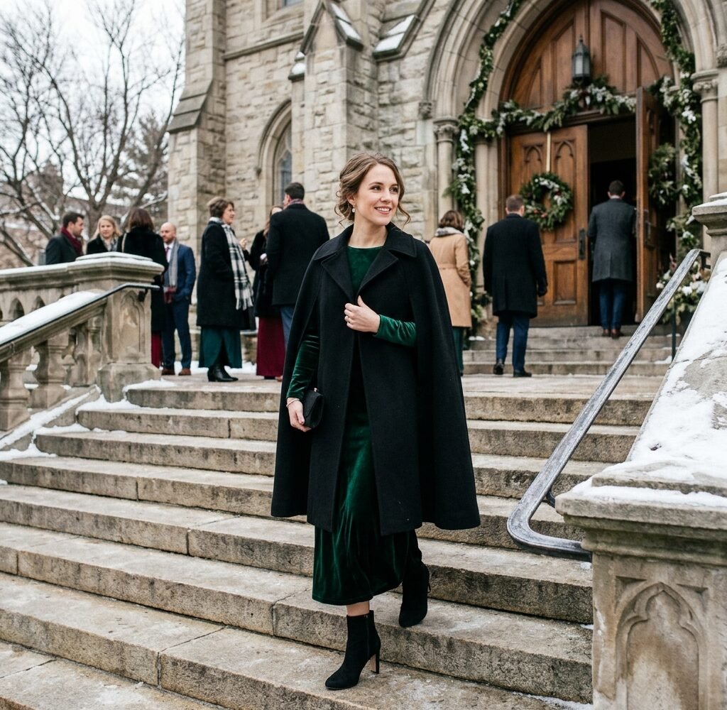 Wedding guest in an emerald velvet dress and black wool cape on church steps in winter