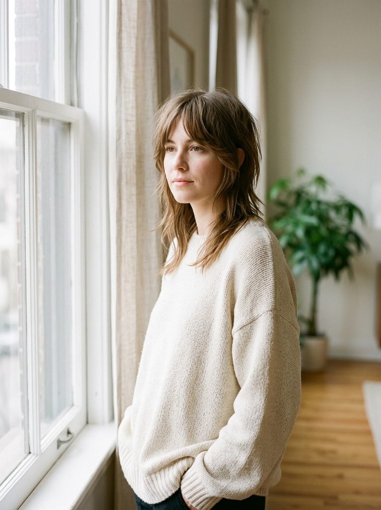 Woman with a medium-length wolf cut and curtain bangs in soft natural window light