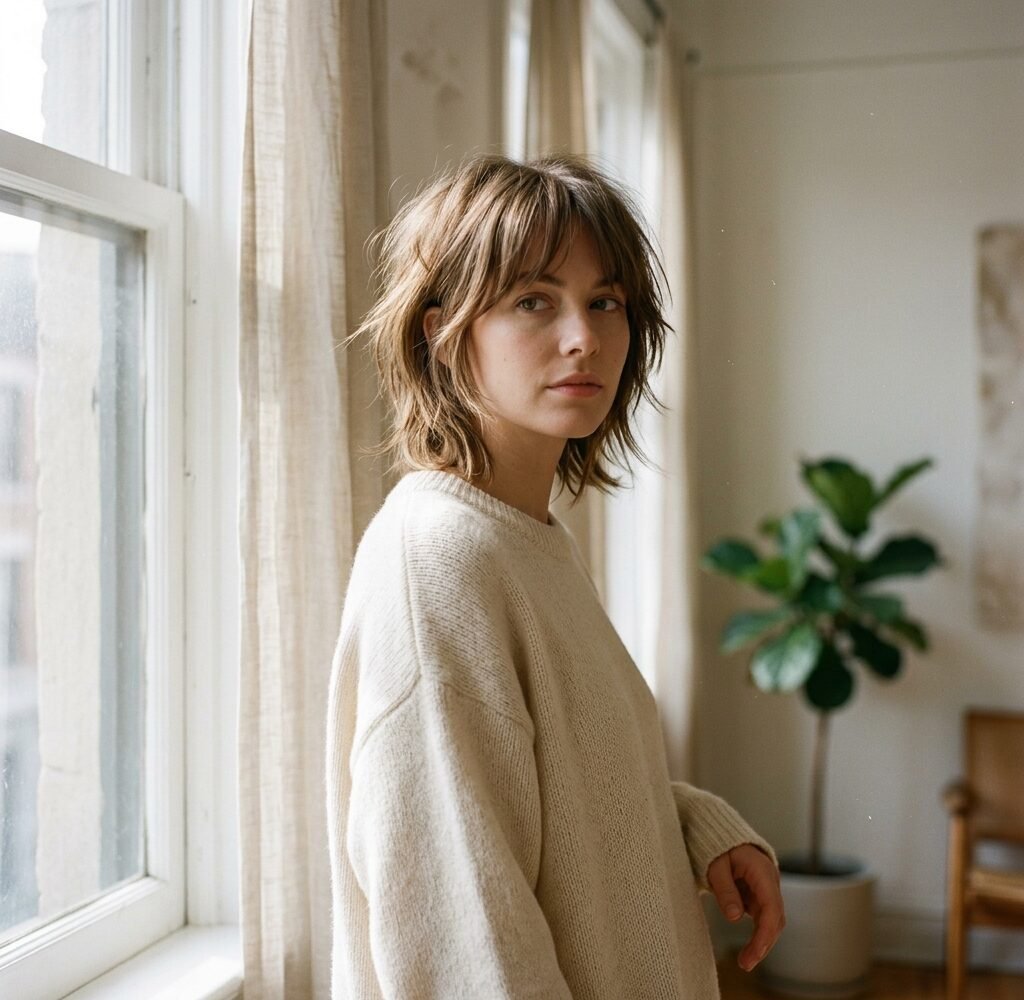Woman with a medium-length wolf cut and curtain bangs in soft natural window light
