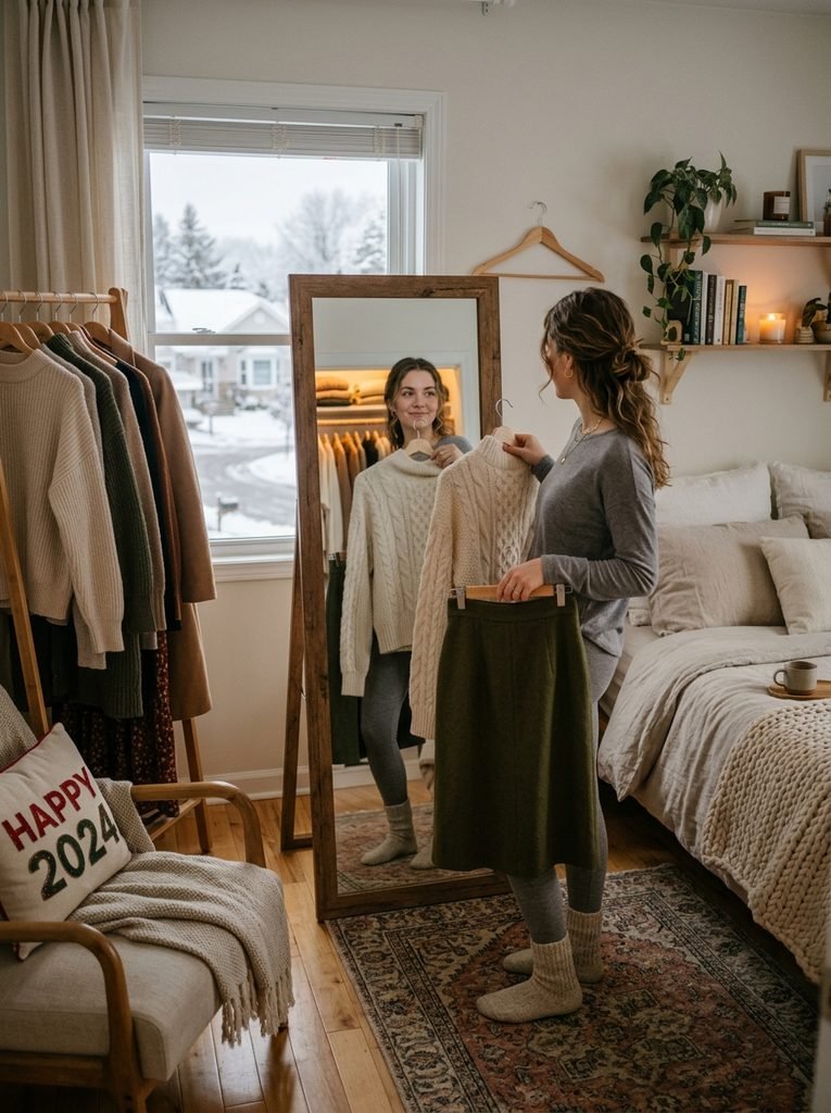 Woman choosing a cozy brunch outfit on a quiet New Year's morning