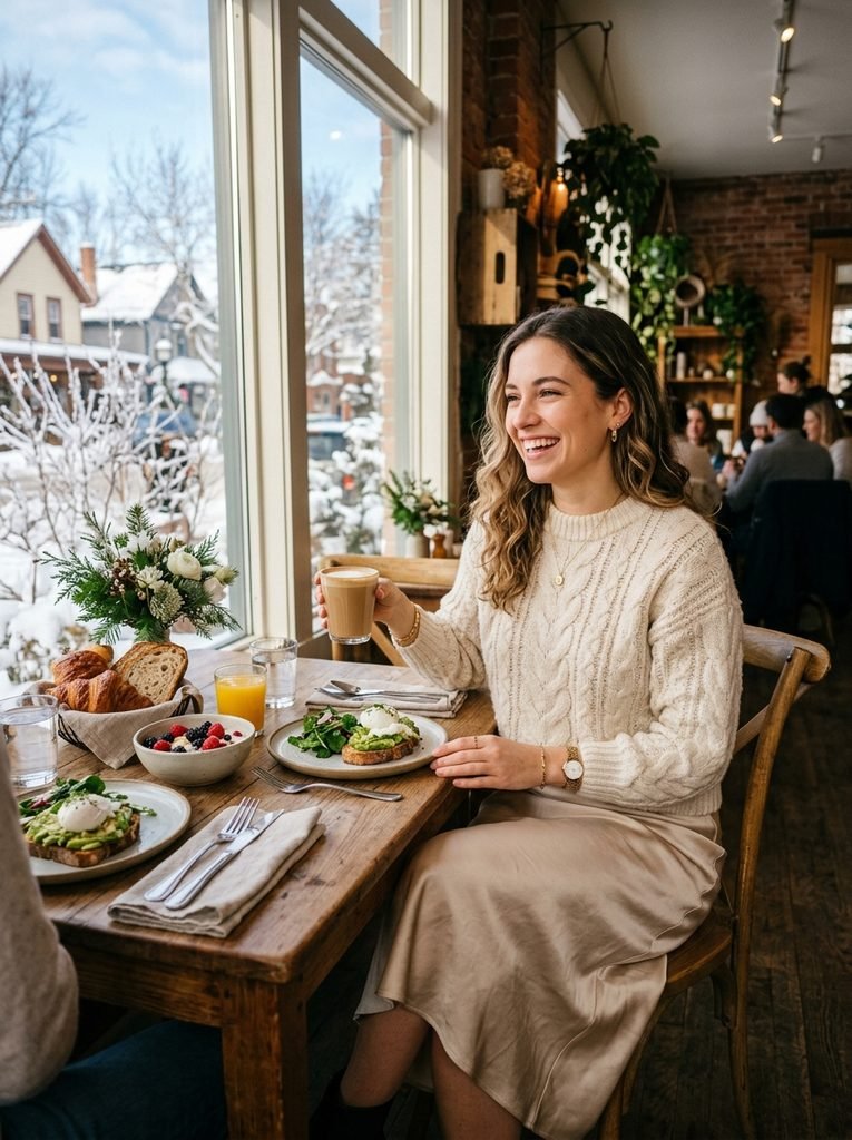 Woman in a cream knit sweater and satin skirt at a sunlit winter brunch table