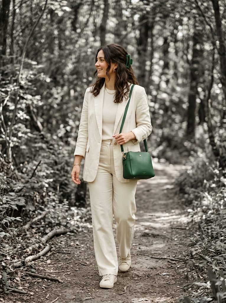 Woman in a cream outfit with a forest green bag and hair clip as the only color