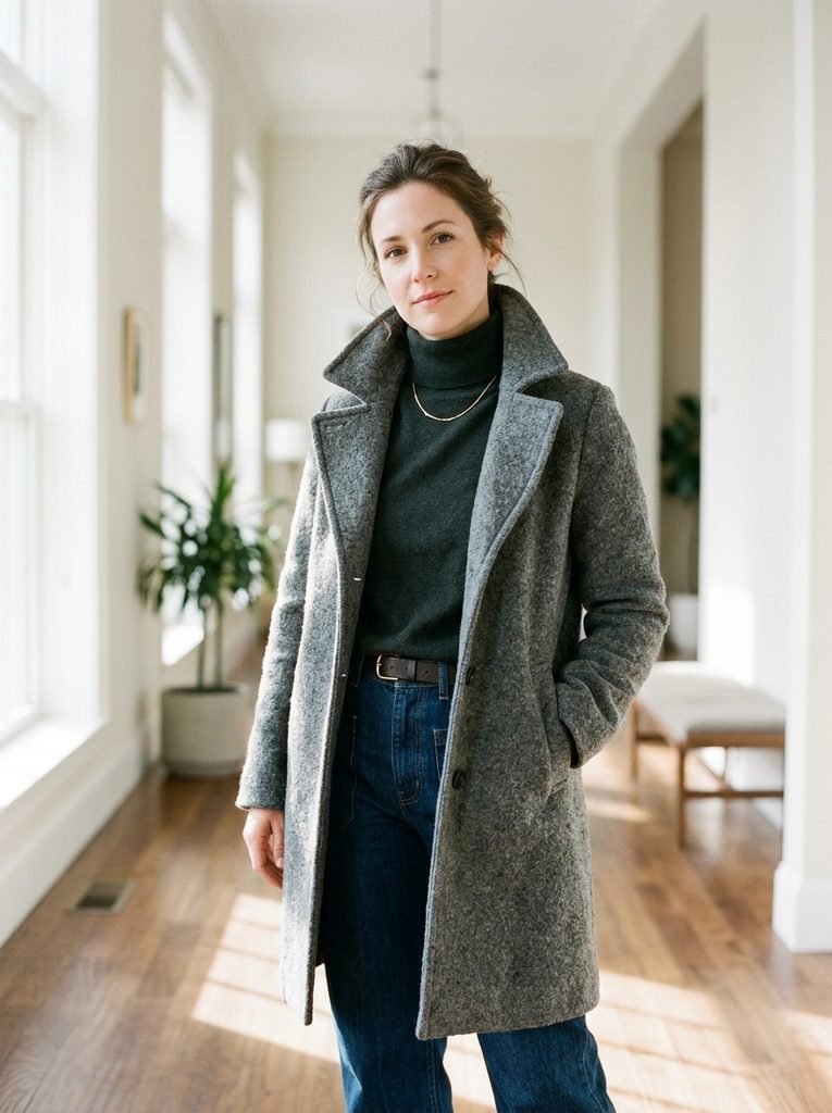Woman in a grey wool coat with a turned-up collar standing in a bright hallway to show how a coat frames an outfit