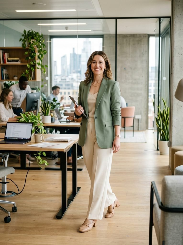 Woman in a sage green blazer and cream trousers in a bright office setting