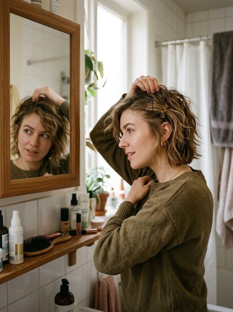Woman pinning back her shaggy grown-out pixie at a bedroom vanity