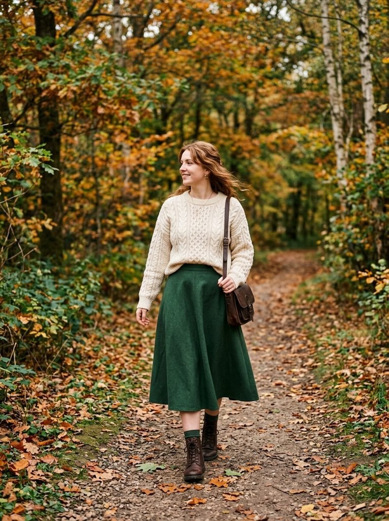 Woman wearing a forest green midi skirt with a cream cable-knit sweater and boots
