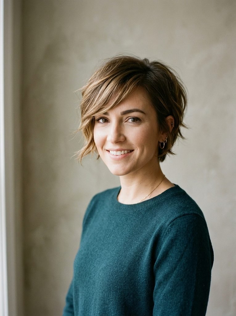 Woman with a layered bixie haircut and side-swept fringe against a neutral wall