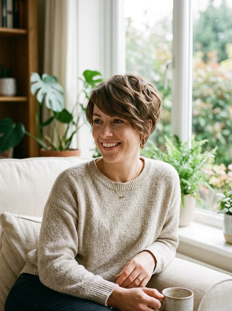 Woman with a soft grown-out textured pixie cut and swept fringe in natural window light
