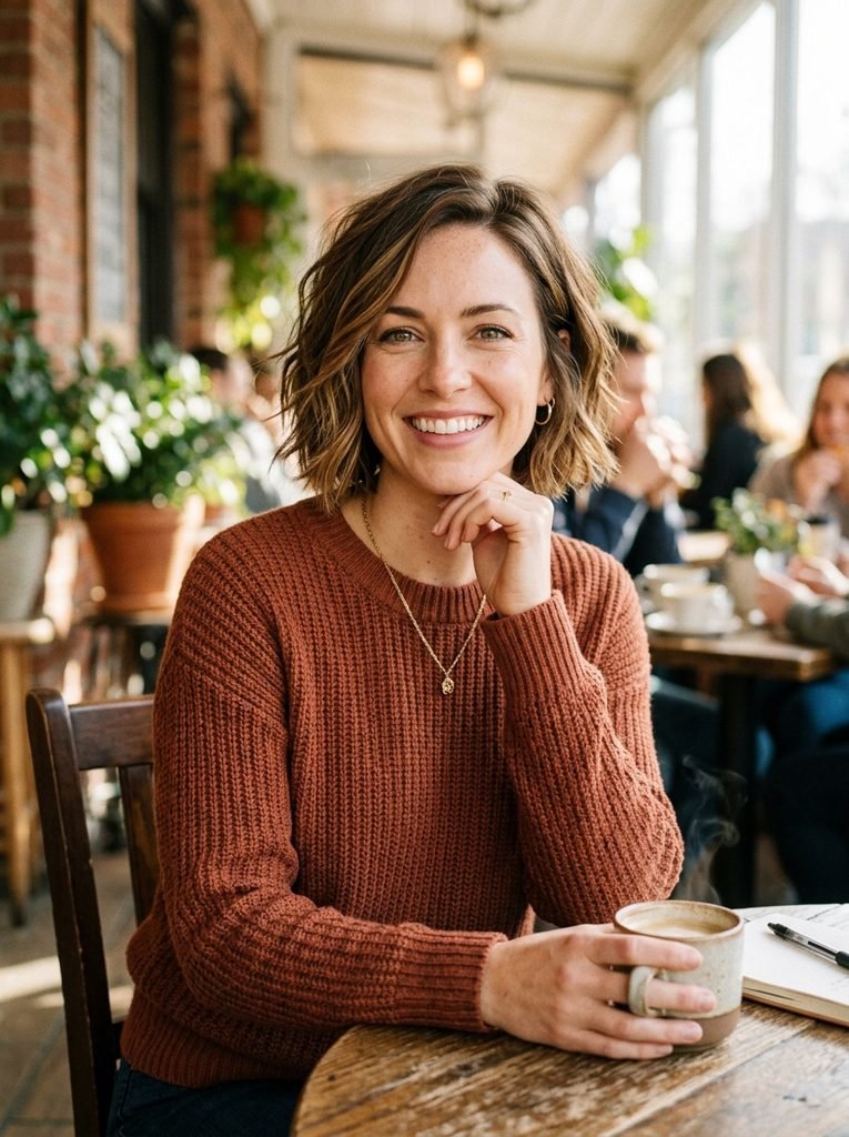 Woman with a textured chin-length bob after growing out a pixie cut