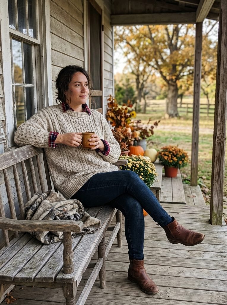 Woman in an oatmeal cable-knit sweater layered over a checked flannel shirt on a farmhouse porch bench