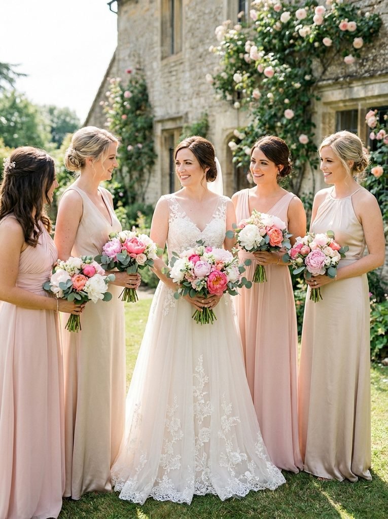 Bride in an ivory gown with bridesmaids in blush and champagne dresses holding peony bouquets