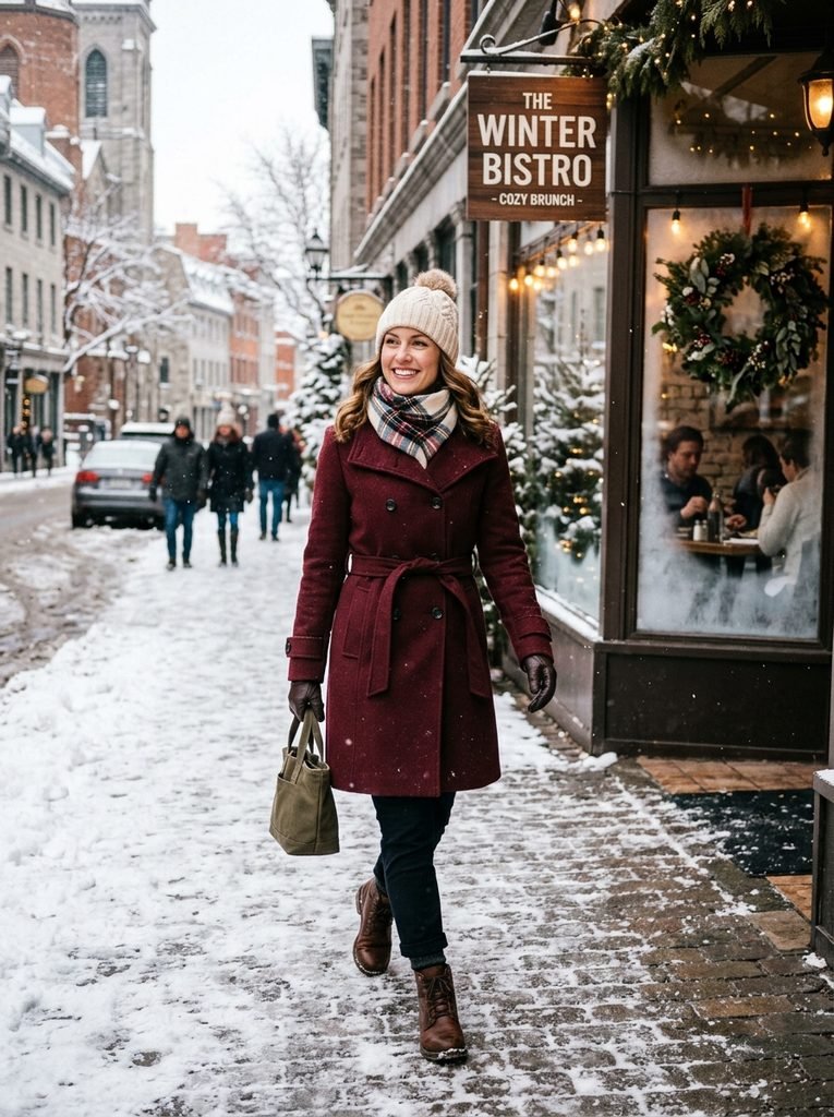 Woman in a belted burgundy wool coat and scarf walking to a winter brunch