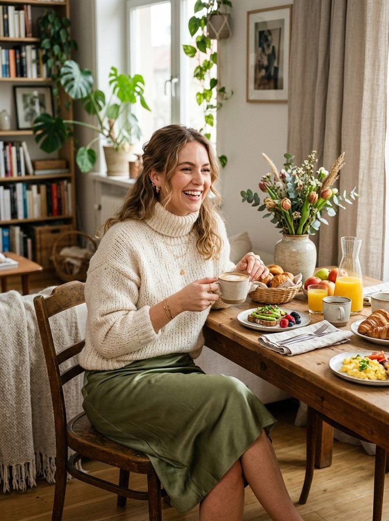 Woman in a chunky sweater and satin slip skirt at a cozy home brunch