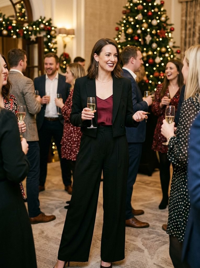 woman in cropped blazer, burgundy camisole and wide-leg trousers at a work Christmas drinks reception