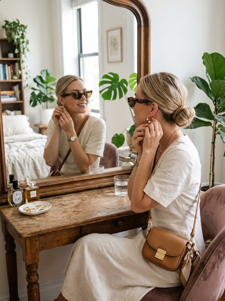 Woman adding earrings with a low bun, sunglasses and small bag ready for brunch