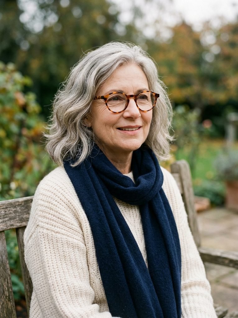Woman with gray hair in tortoiseshell glasses, cream sweater, and navy scarf in soft daylight