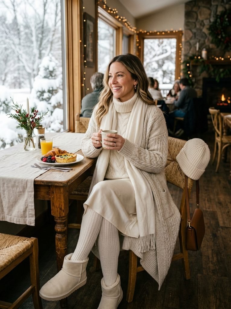 Woman in a layered ivory and cream outfit for a fresh-start winter brunch