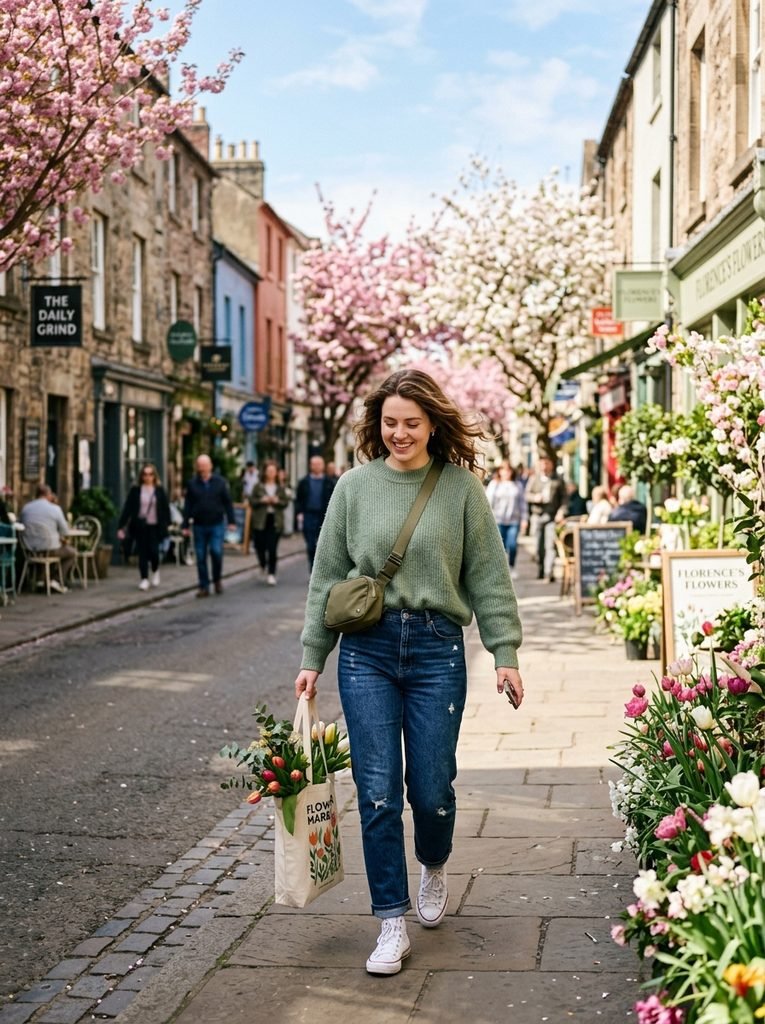 Woman in a sage green sweater and jeans walking down a spring street