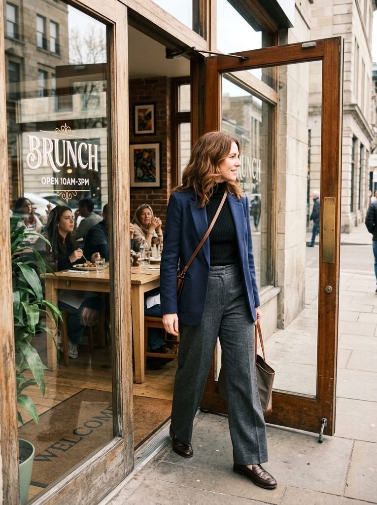Woman in wide-leg trousers, turtleneck and blazer entering a brunch restaurant